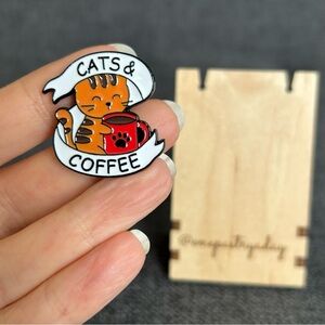 Fun, Kawaii Style CATS AND COFFEE Brooch Pin, White, Red, Orange, Black